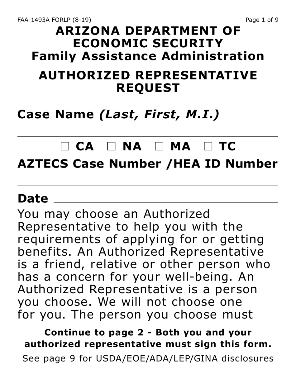 Form FAA-1493A-LP Nutrition Assistance Authorized Representative Request (Large Print) - Arizona, Page 1