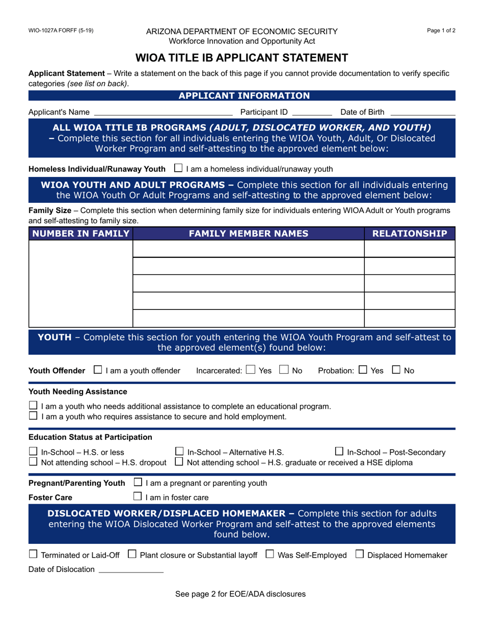 Form WIO-1027A Wioa Title Ib Applicant Statement - Arizona, Page 1