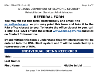 Form RSA-1298A-LP Referral Form (Large Print) - Arizona