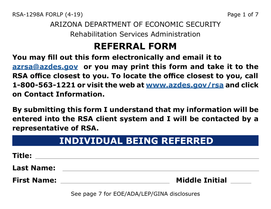 Form RSA-1298A-LP Referral Form (Large Print) - Arizona, Page 1