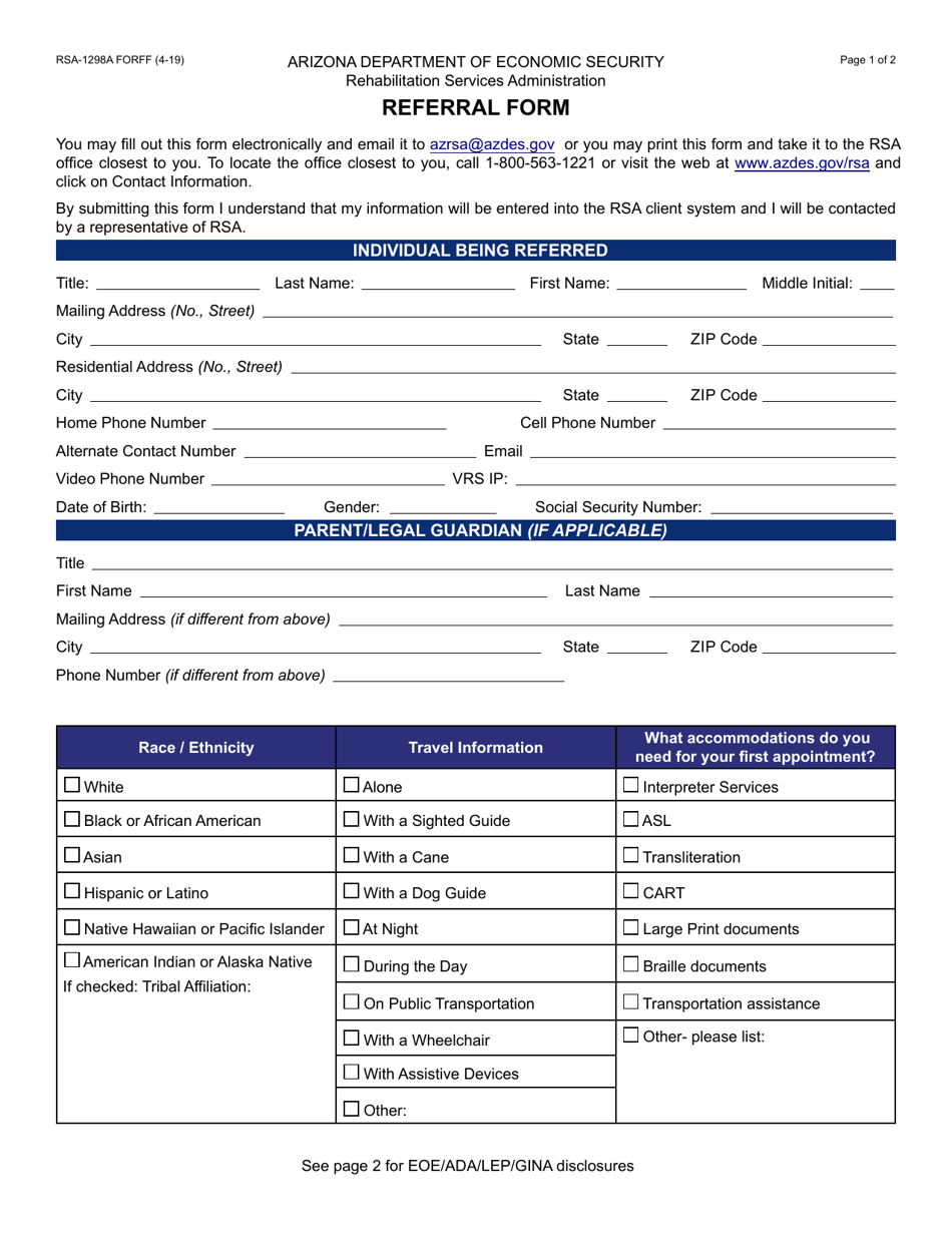 Form RSA-1298A Referral Form - Arizona, Page 1