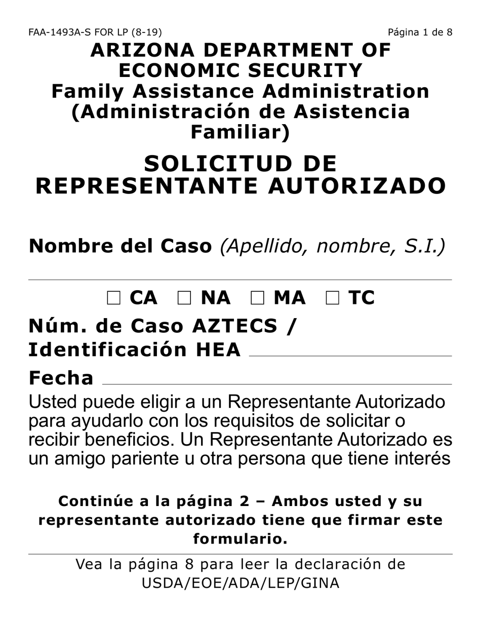 Formulario FAA-1493A-LPS Solicitud De Representante Autorizado (Letra Grande) - Arizona (Spanish), Page 1