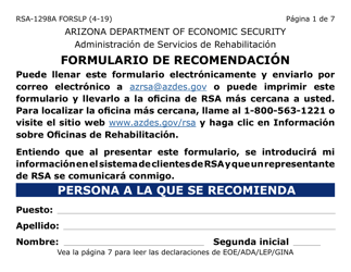 Formulario RSA-1298A-S-LP Formulario De Recomendacion (Letra Grande) - Arizona (Spanish)