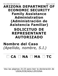 Document preview: Formulario FAA-1493A-XLPS Solicitud De Representante Autorizado (Letra Extra Grande) - Arizona (Spanish)