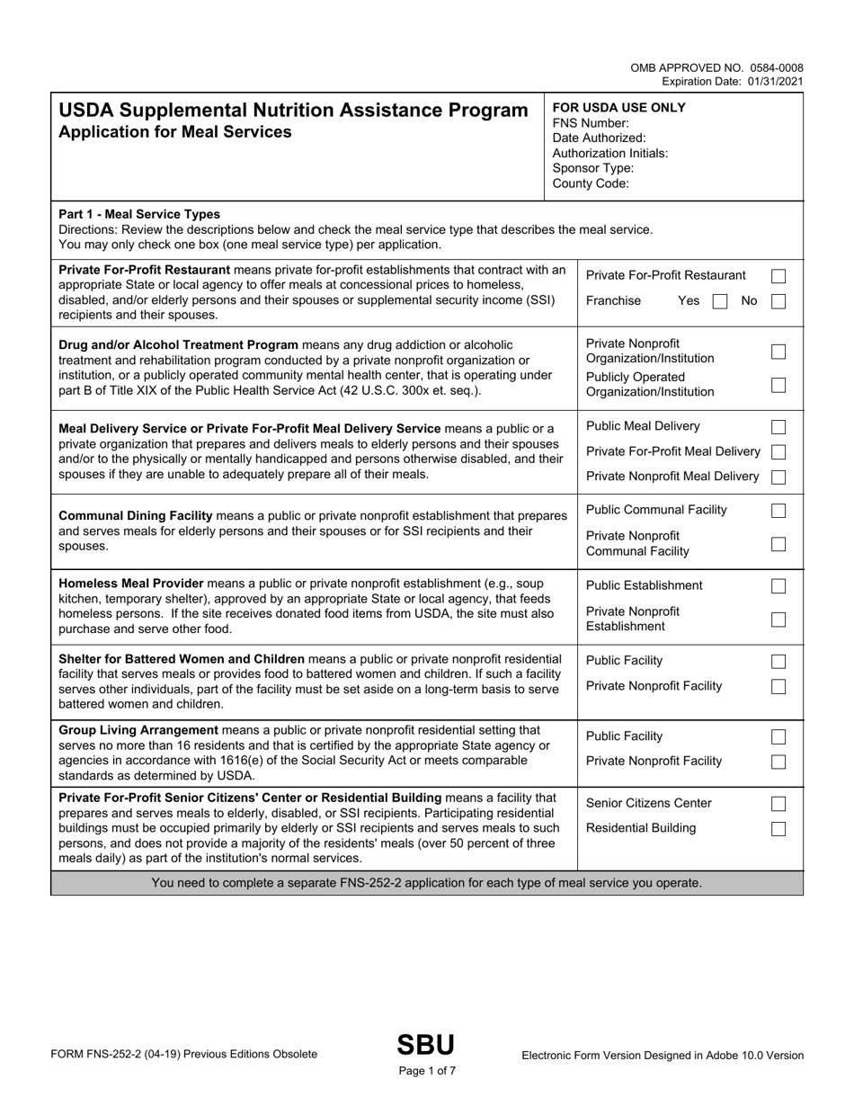 Form FNS-252-2 Usda Supplemental Nutrition Assistance Program Application for Meal Services, Page 1