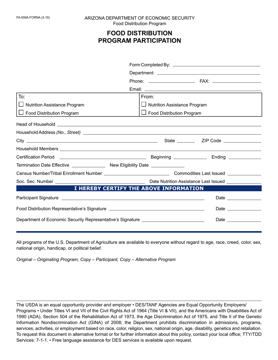 Form FA-559A Food Distribution Program Participation - Arizona, Page 1