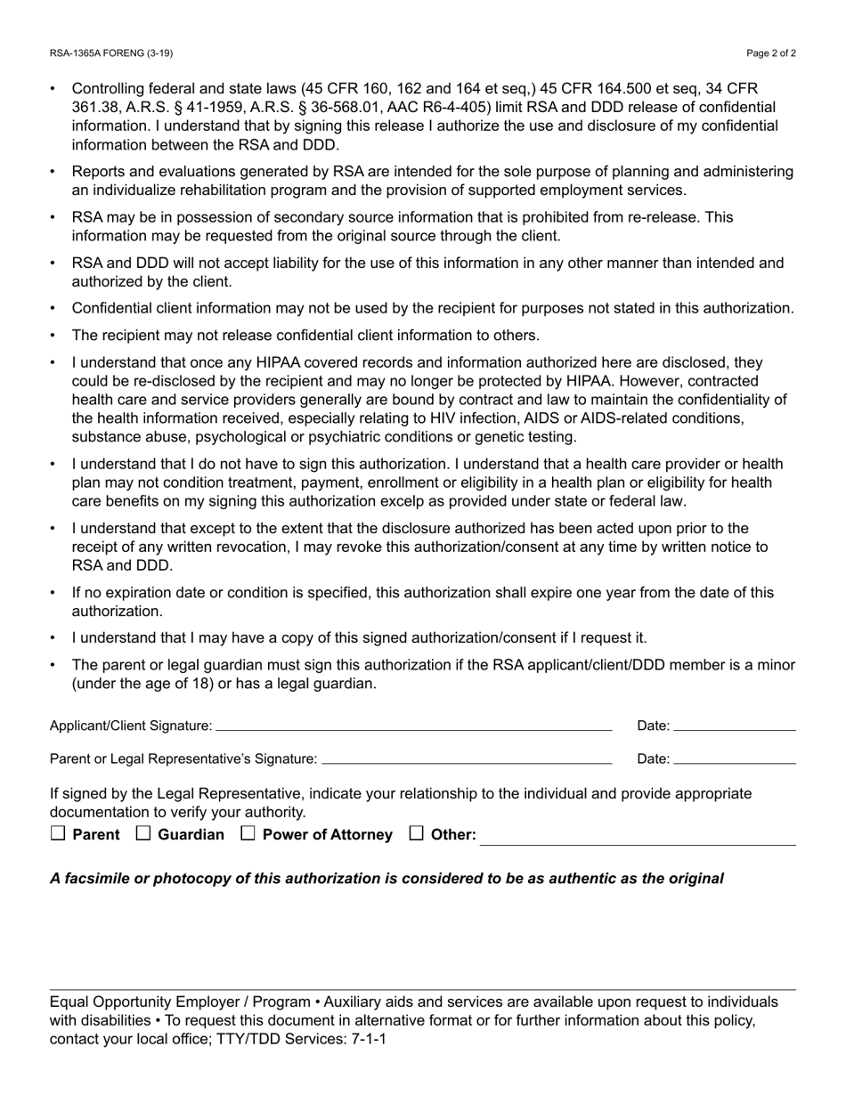 Form RSA-1365A Authorization / Consent for Disclosure and Use of Confidential Information Between Ddd and Rsa - Arizona, Page 2