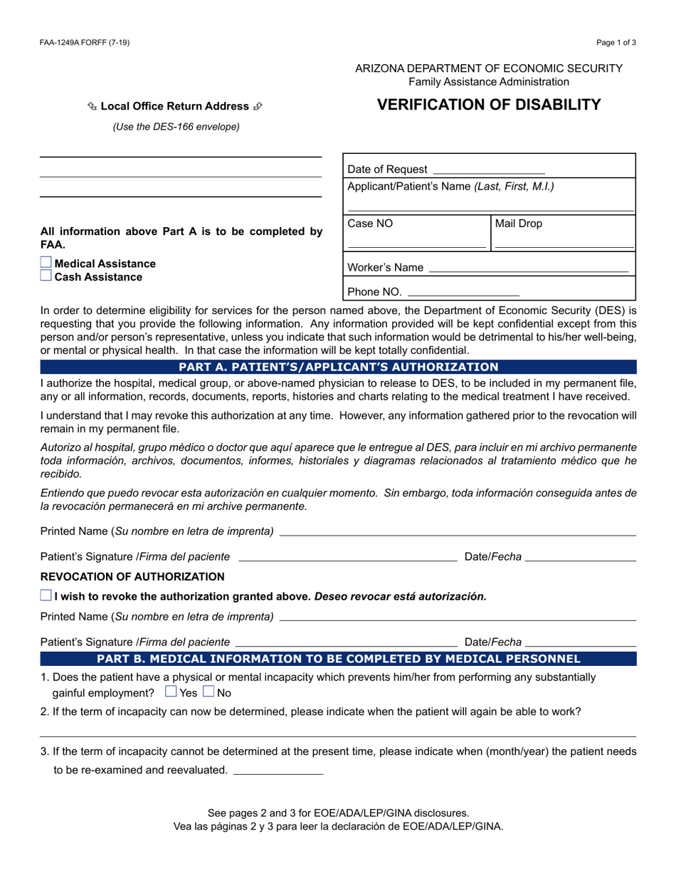 Form FAA-1249A Verification of Disability - Arizona, Page 1