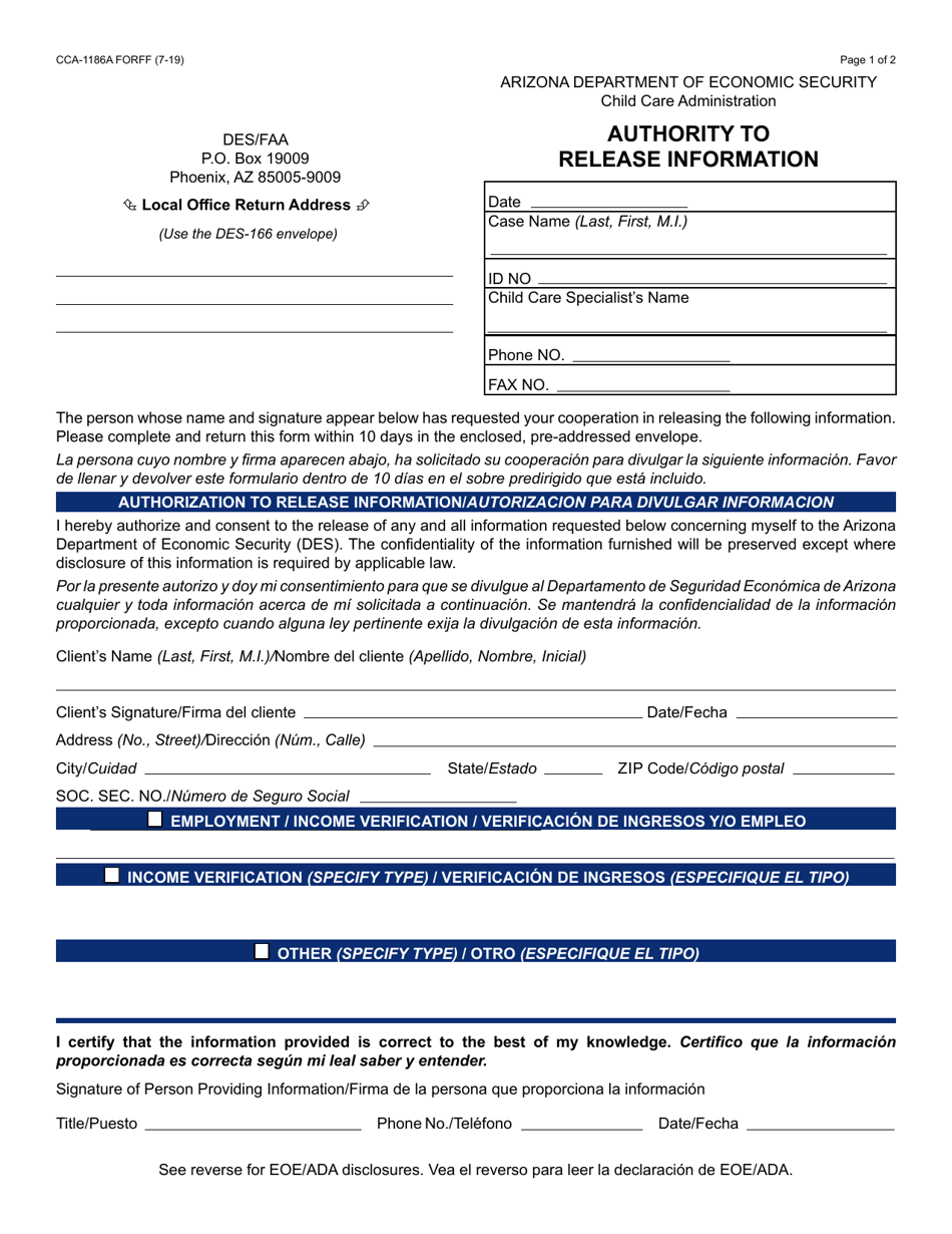 Form CCA-1186A Authority to Release Information - Arizona (English / Spanish), Page 1