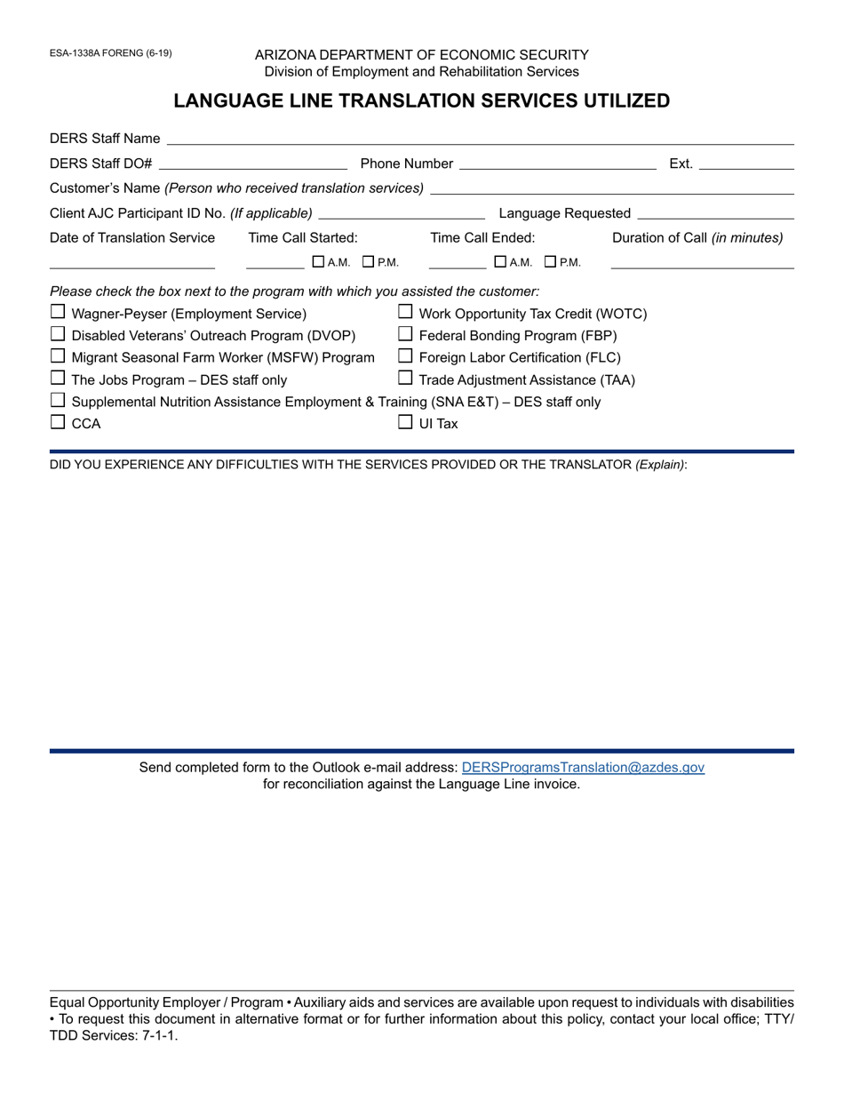 Form ESA-1338A Language Line Translation Services Utilized - Arizona, Page 1