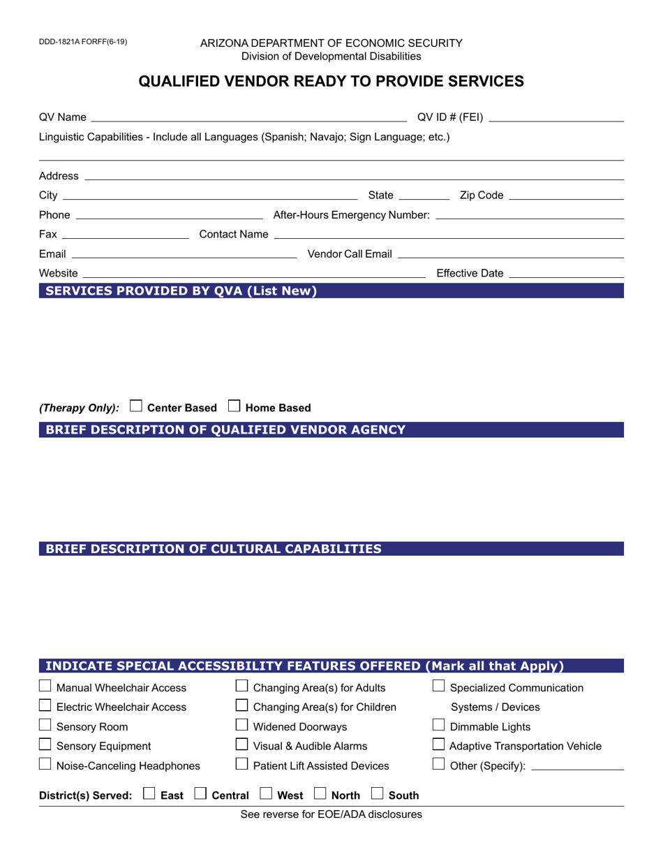 Form DDD-1821A Qualified Vendor Ready to Provide Services - Arizona, Page 1