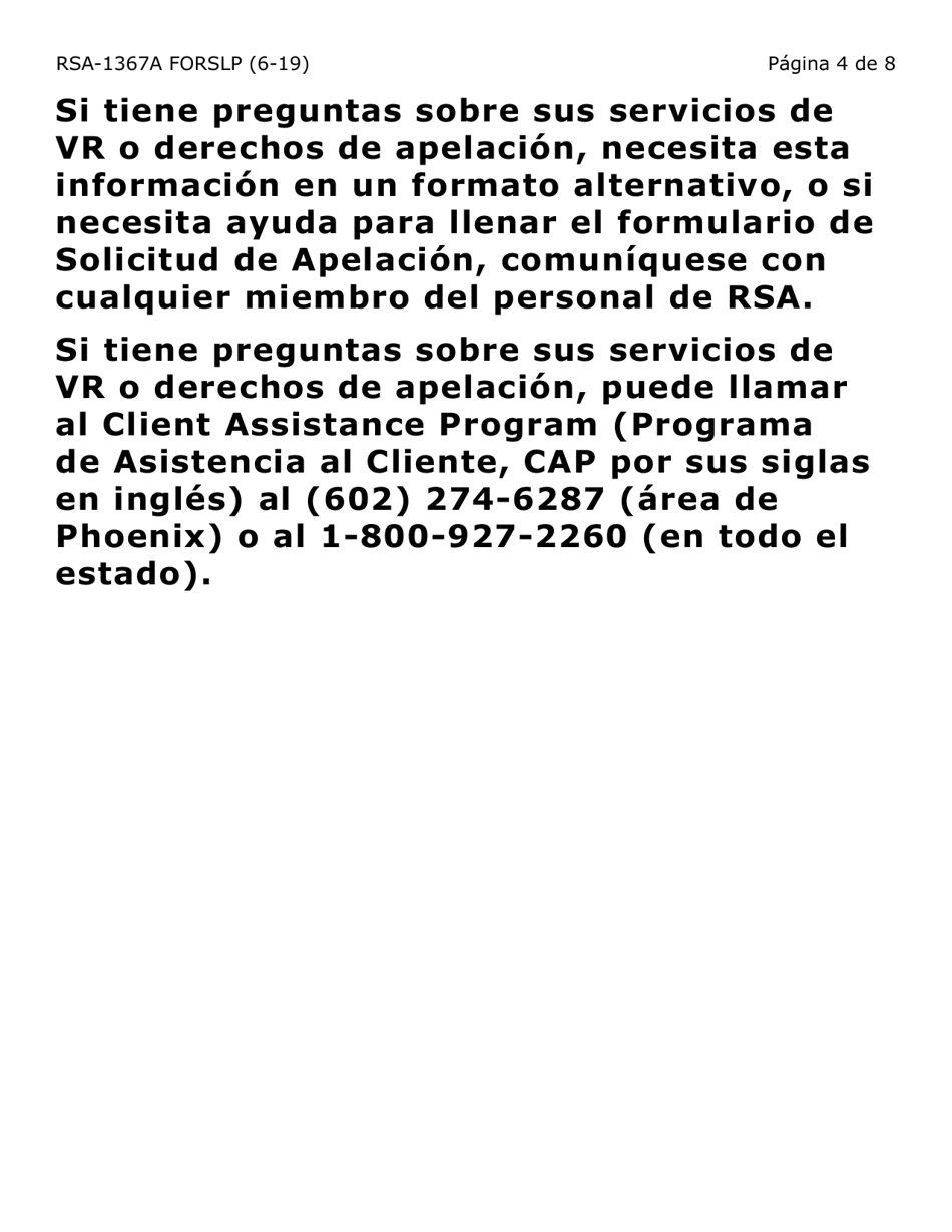 Formulario RSA-1367A-SLP Solicitud De Apelacion (Letra Grande) - Arizona (Spanish), Page 4
