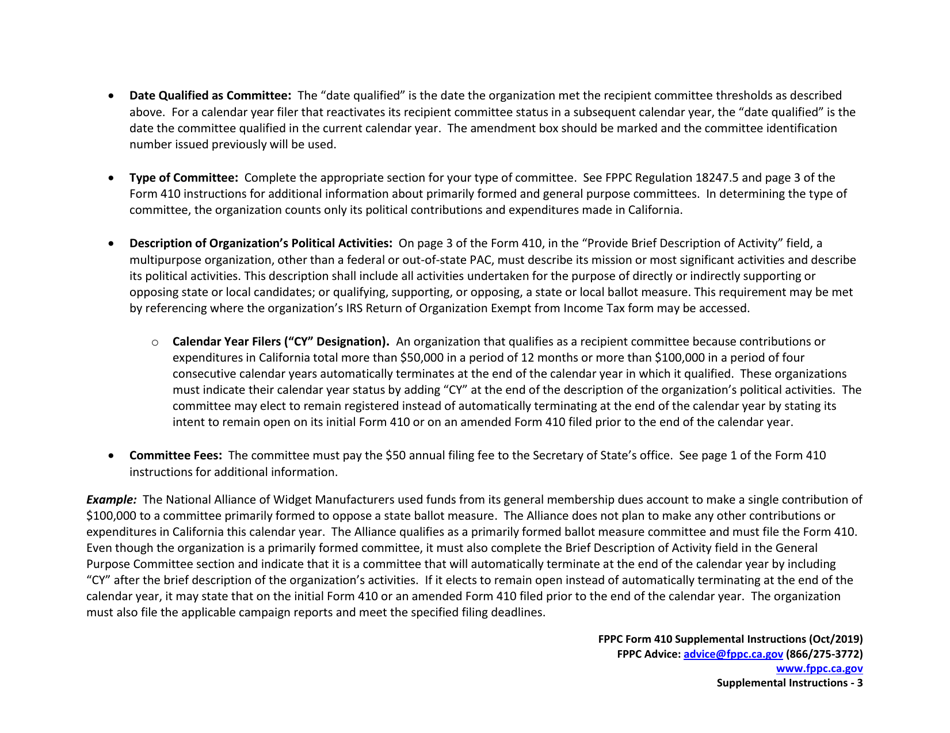Instructions for FPPC Form 410 Statement of Organization for Multipurpose Organizations Including Nonprofits Qualifying as a Recipient Committee - California, Page 3
