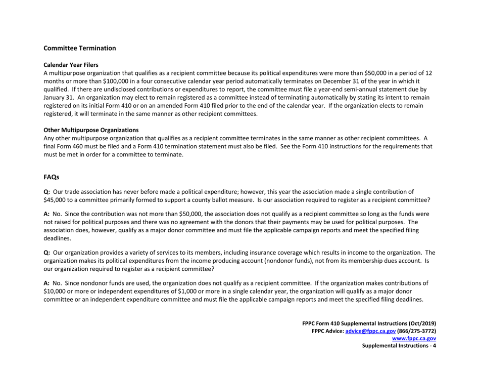 Instructions for FPPC Form 410 Statement of Organization for Multipurpose Organizations Including Nonprofits Qualifying as a Recipient Committee - California, Page 4