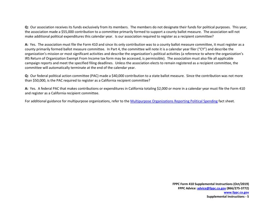 Instructions for FPPC Form 410 Statement of Organization for Multipurpose Organizations Including Nonprofits Qualifying as a Recipient Committee - California, Page 5