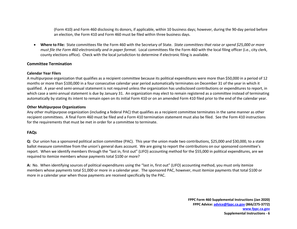 Instructions for FPPC Form 460 Recipient Committee Campaign Statement - California, Page 6