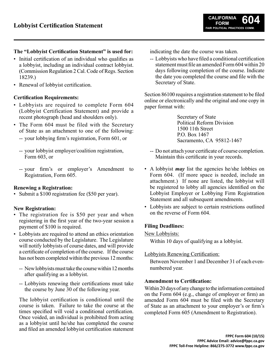 Form 604 Lobbyist Certification Statement - California, Page 1