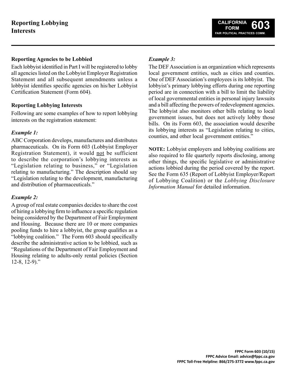 Form 603 Lobbyist Employer or Lobbying Coalition Registration Statement - California, Page 3