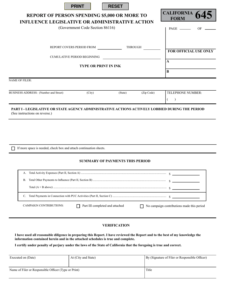 Form 645 Report of Persons Spending $5,000 or More to Influence Legislative or Administrative Action - California, Page 2
