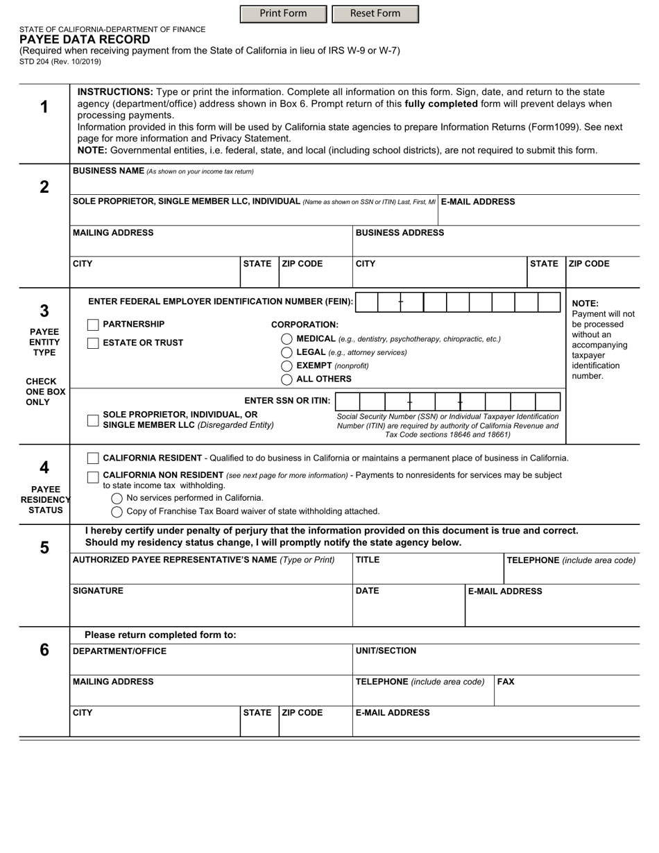 Form STD204 Payee Data Record - California, Page 1