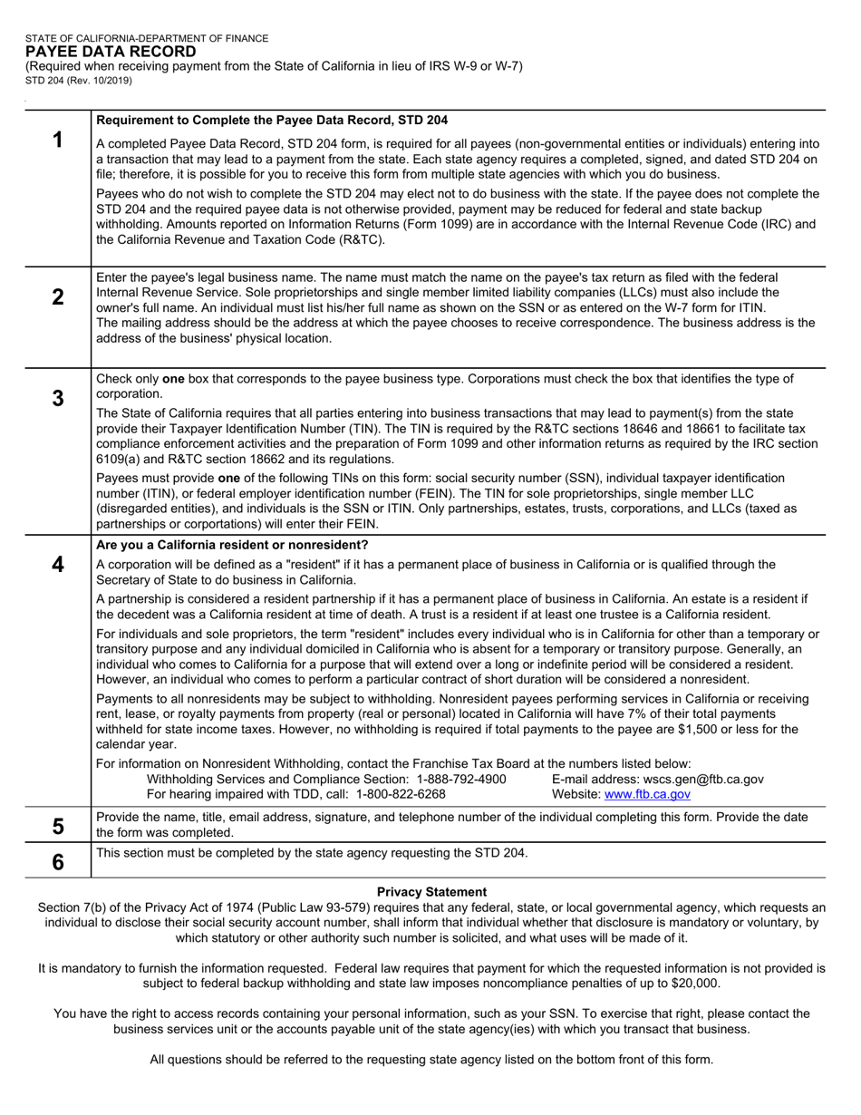 Form STD204 Payee Data Record - California, Page 2