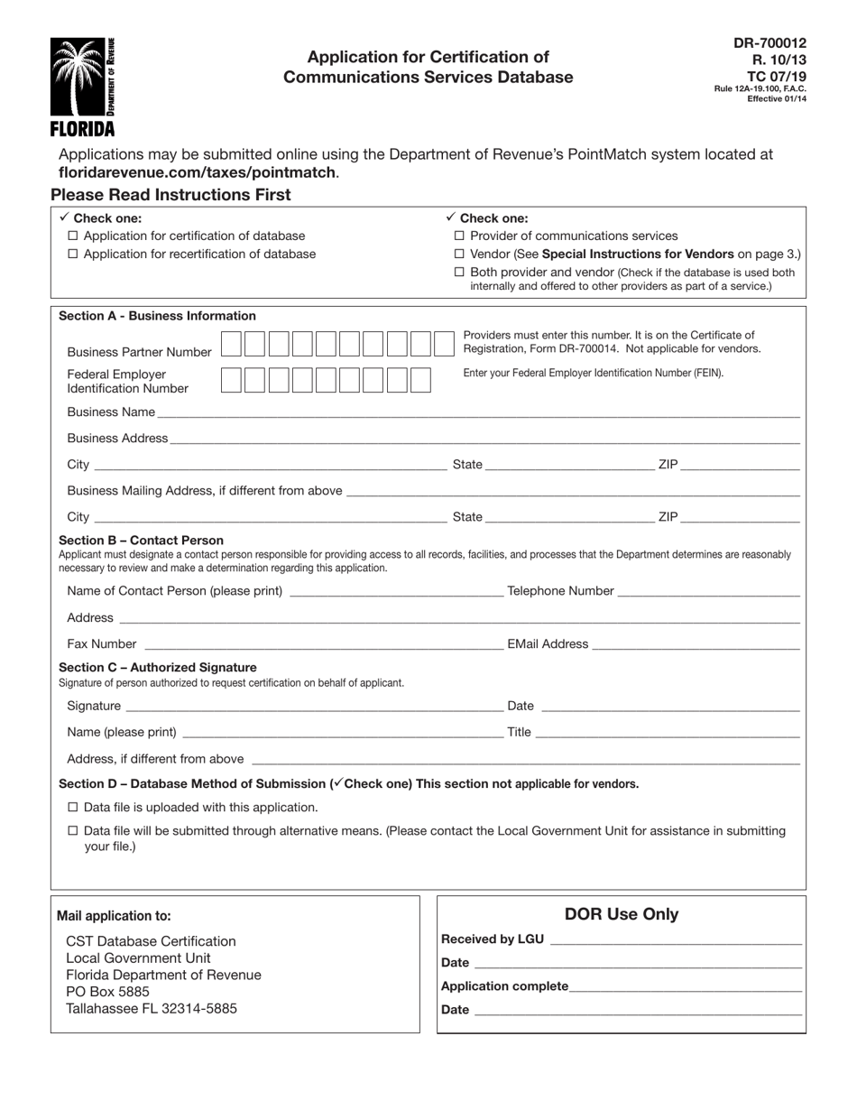 Form DR-700012 Application for Certification of Communications Services Database - Florida, Page 1