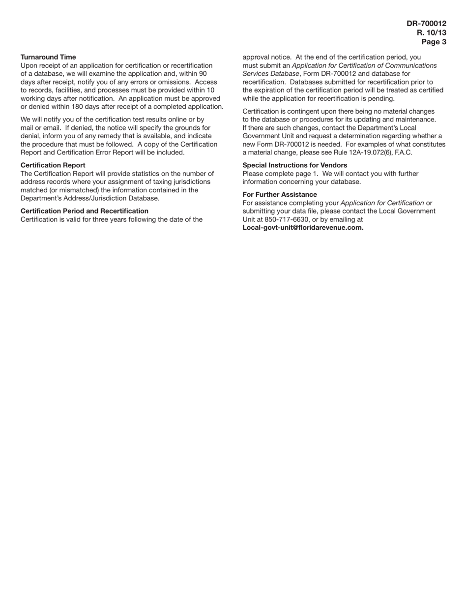 Form DR-700012 Application for Certification of Communications Services Database - Florida, Page 3