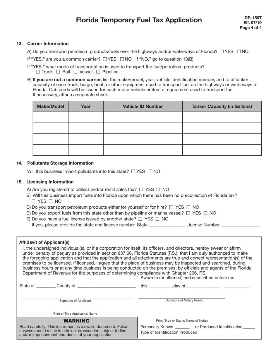 Form DR-156T Florida Temporary Fuel Tax Application - Florida, Page 4