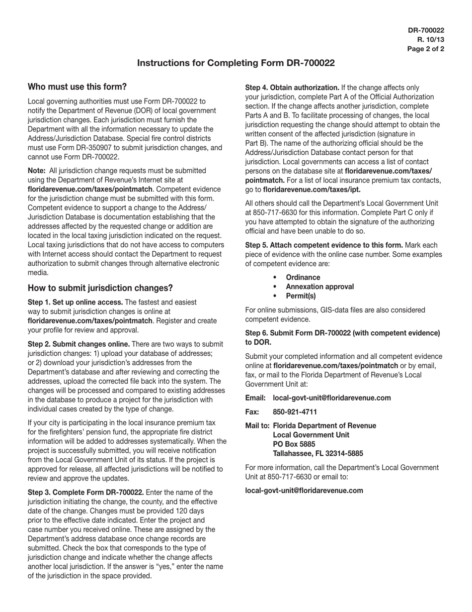 Form DR-700022 Notification of Jurisdiction Change for Local Communications Services and Local Insurance Premium Tax - Florida, Page 2