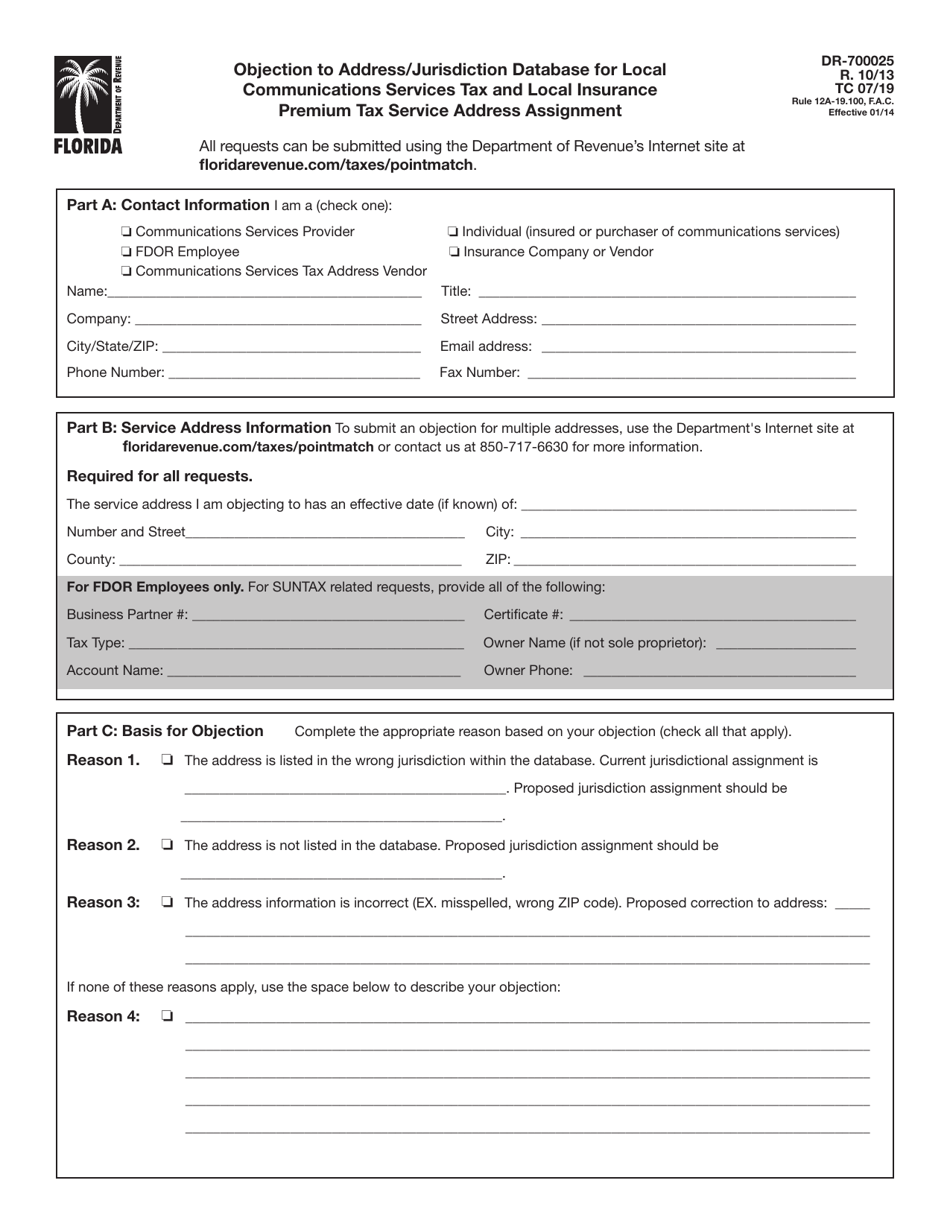 Form DR-700025 Objection to Address / Jurisdiction Database for Local Communications Services Tax and Local Insurance Premium Tax Service Address Assignment - Florida, Page 1