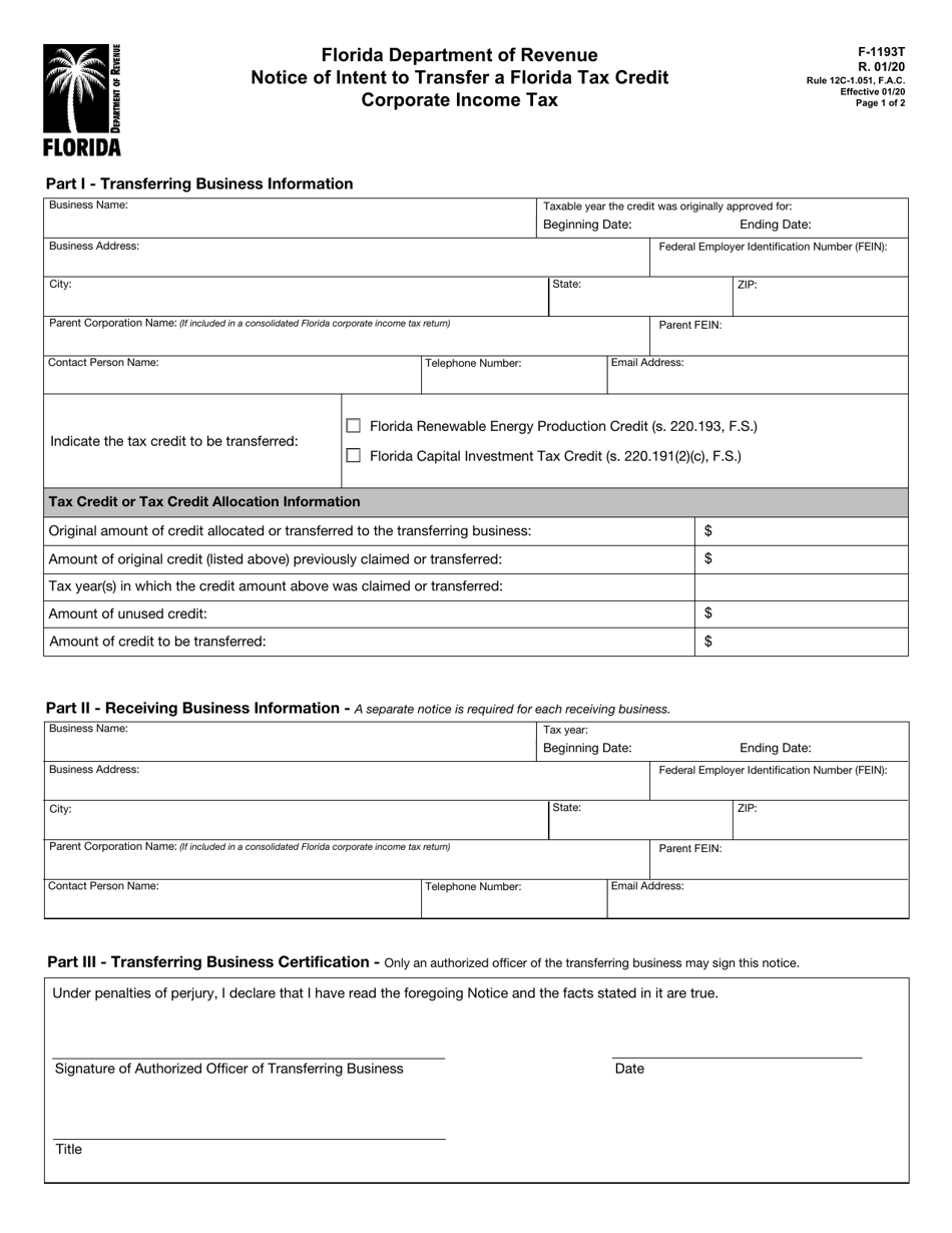 Form F-1193T Notice of Intent to Transfer a Florida Energy Tax Credit - Corporate Income Tax - Florida, Page 1