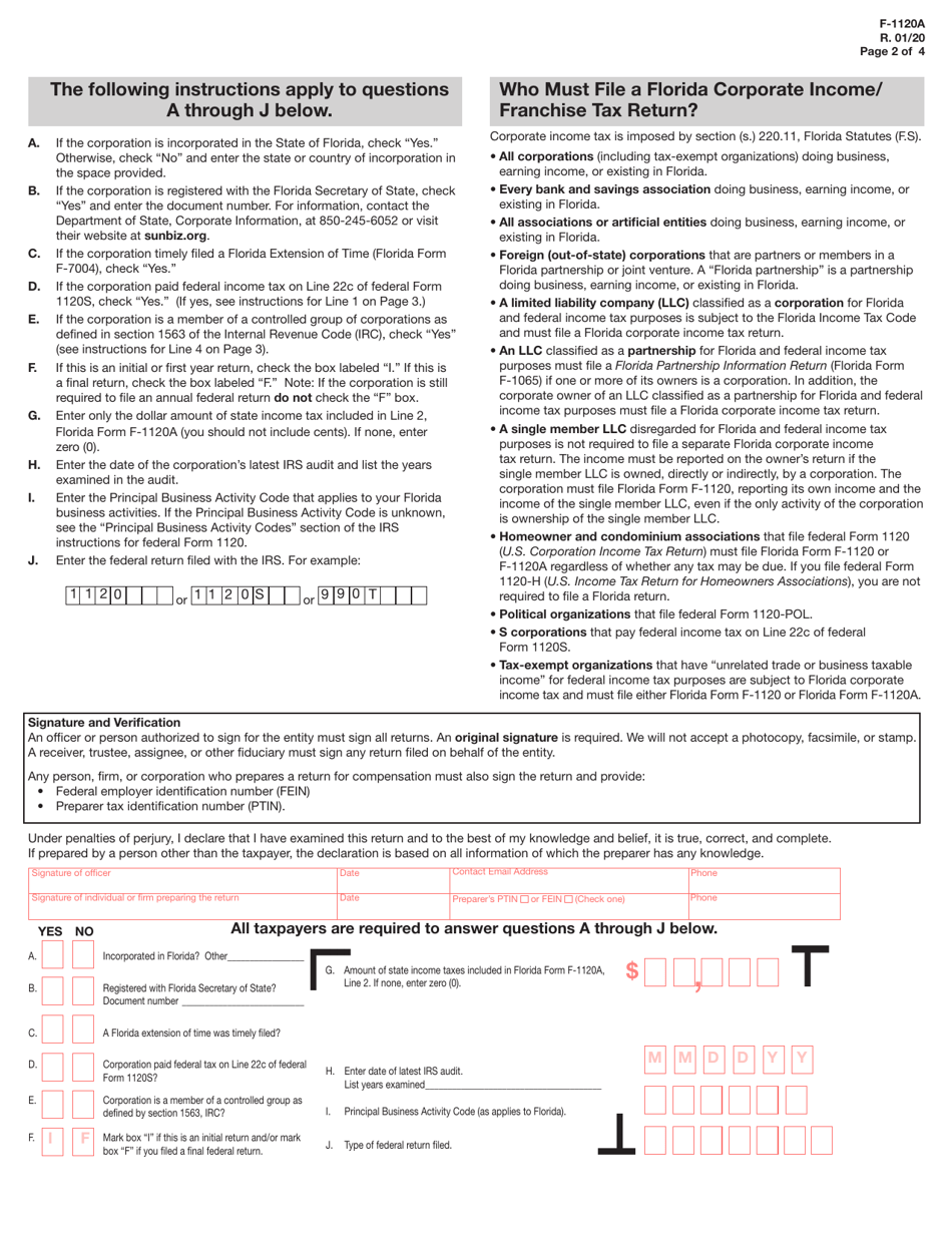 Form f 1120a download printable pdf or fill online florida corporate 