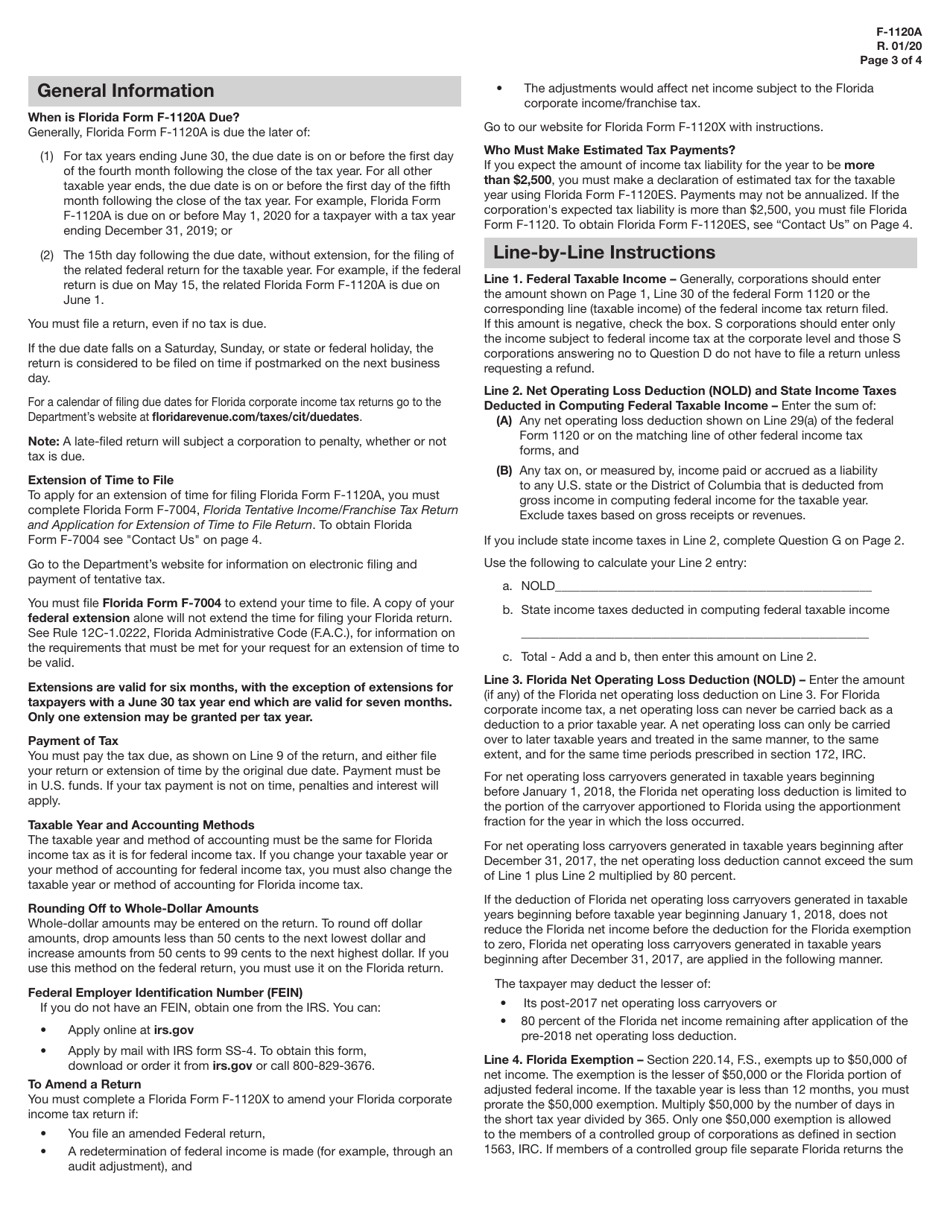 Form F-1120A Florida Corporate Short Form Income Tax Return - Florida, Page 3