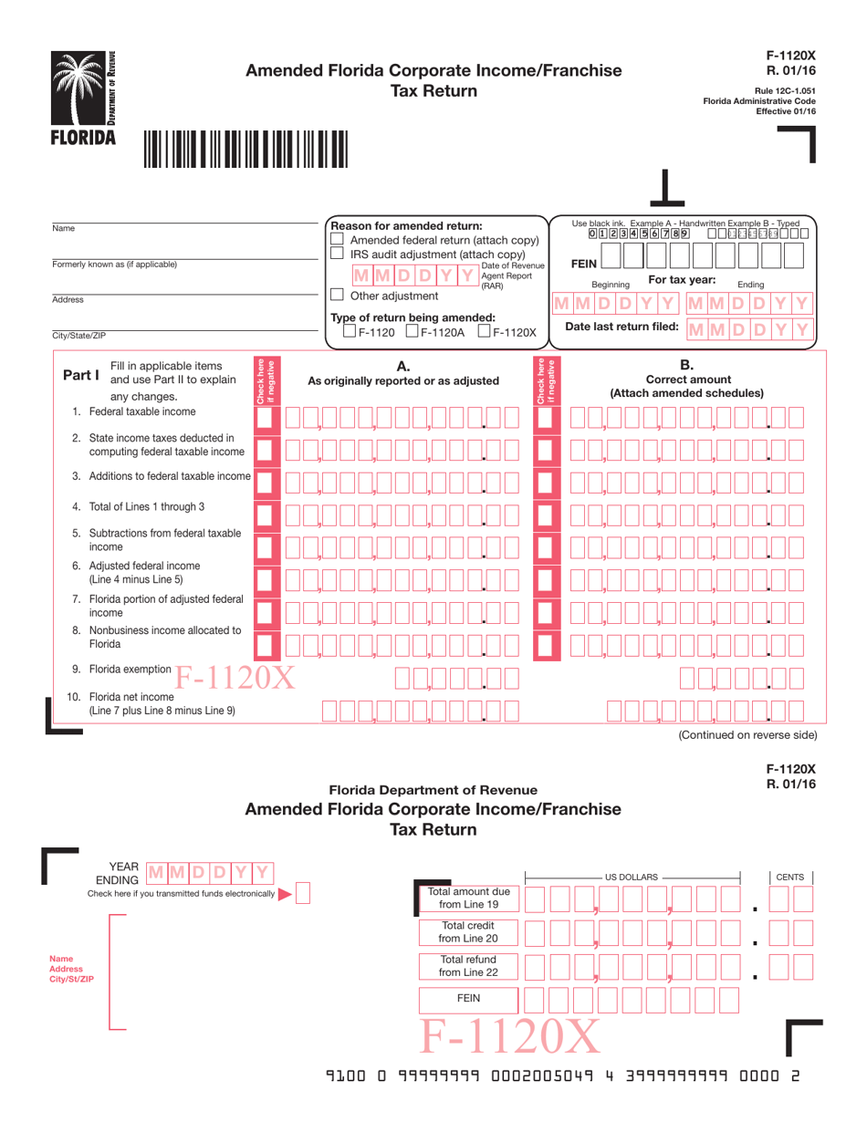 Form F-1120X Amended Florida Corporate Income / Franchise Tax Return - Florida, Page 1