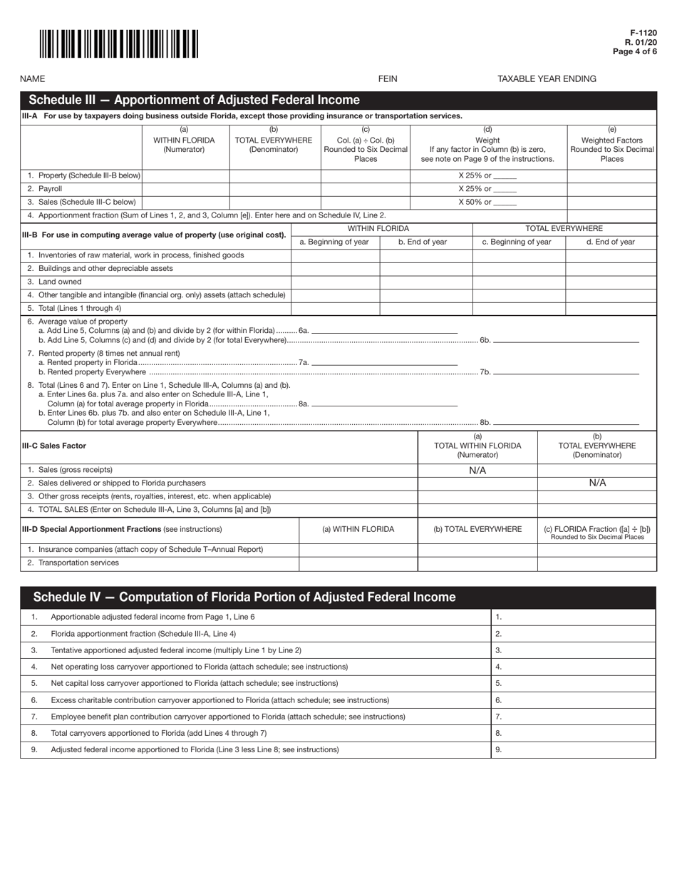 Form F-1120 Florida Corporate Income / Franchise Tax Return - Florida, Page 4