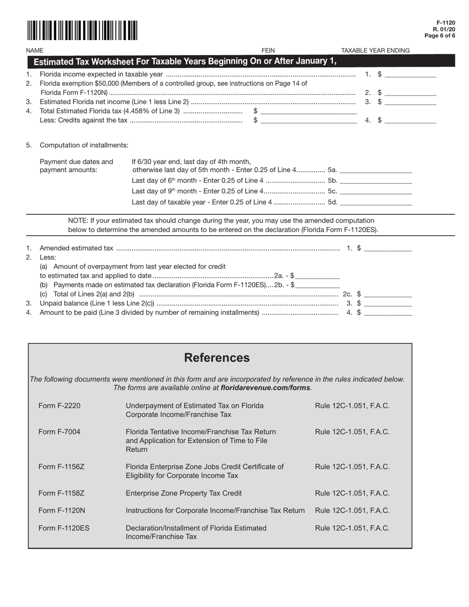 Form F-1120 Florida Corporate Income / Franchise Tax Return - Florida, Page 6