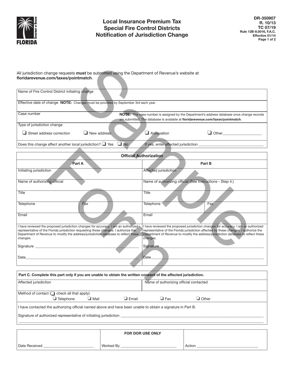 Form DR-350907 Local Insurance Premium Tax Special Fire Control Districts Notification of Jurisdiction Change - Florida, Page 1