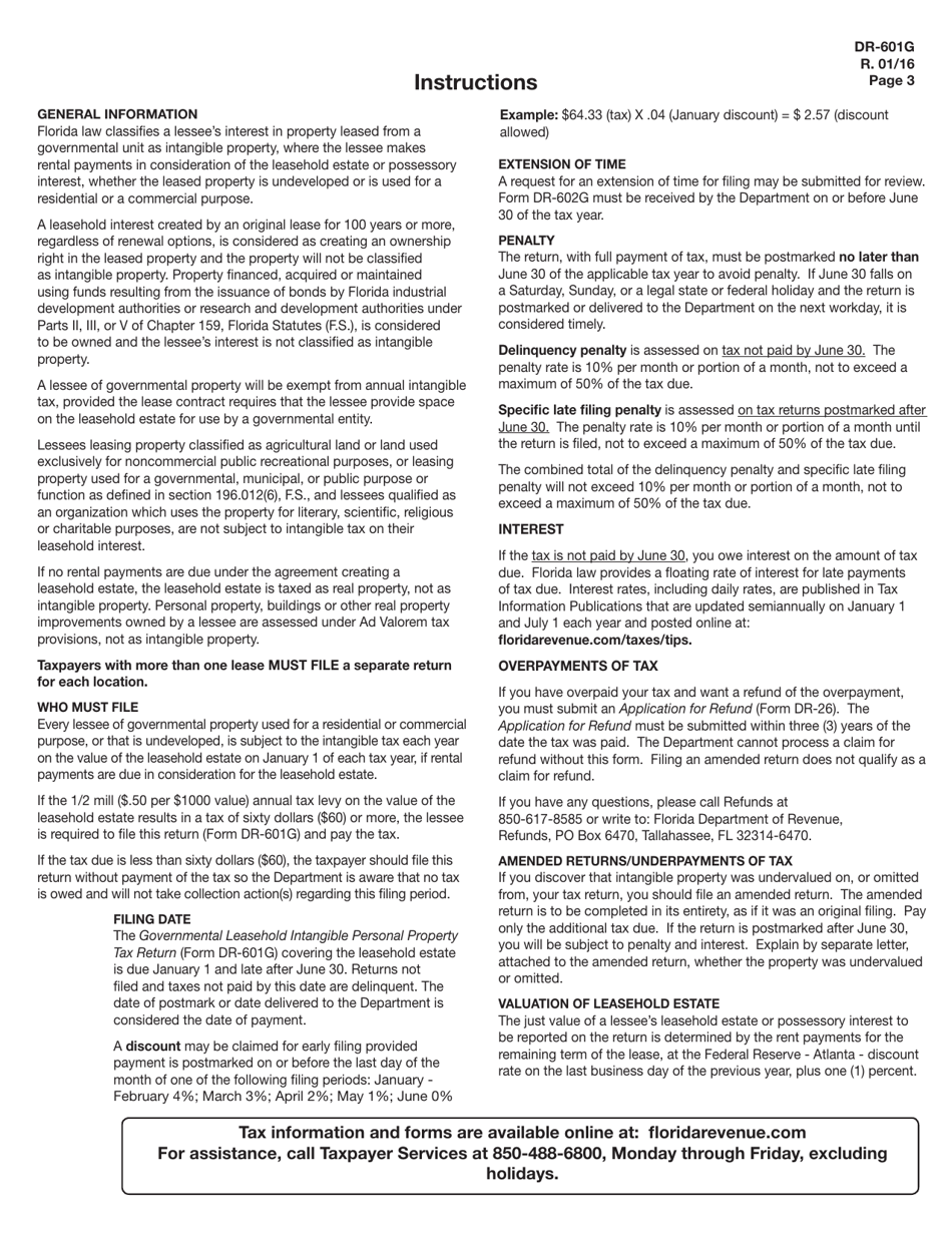 Form DR-601G Governmental Leasehold Intangible Personal Property Tax Return - Florida, Page 3