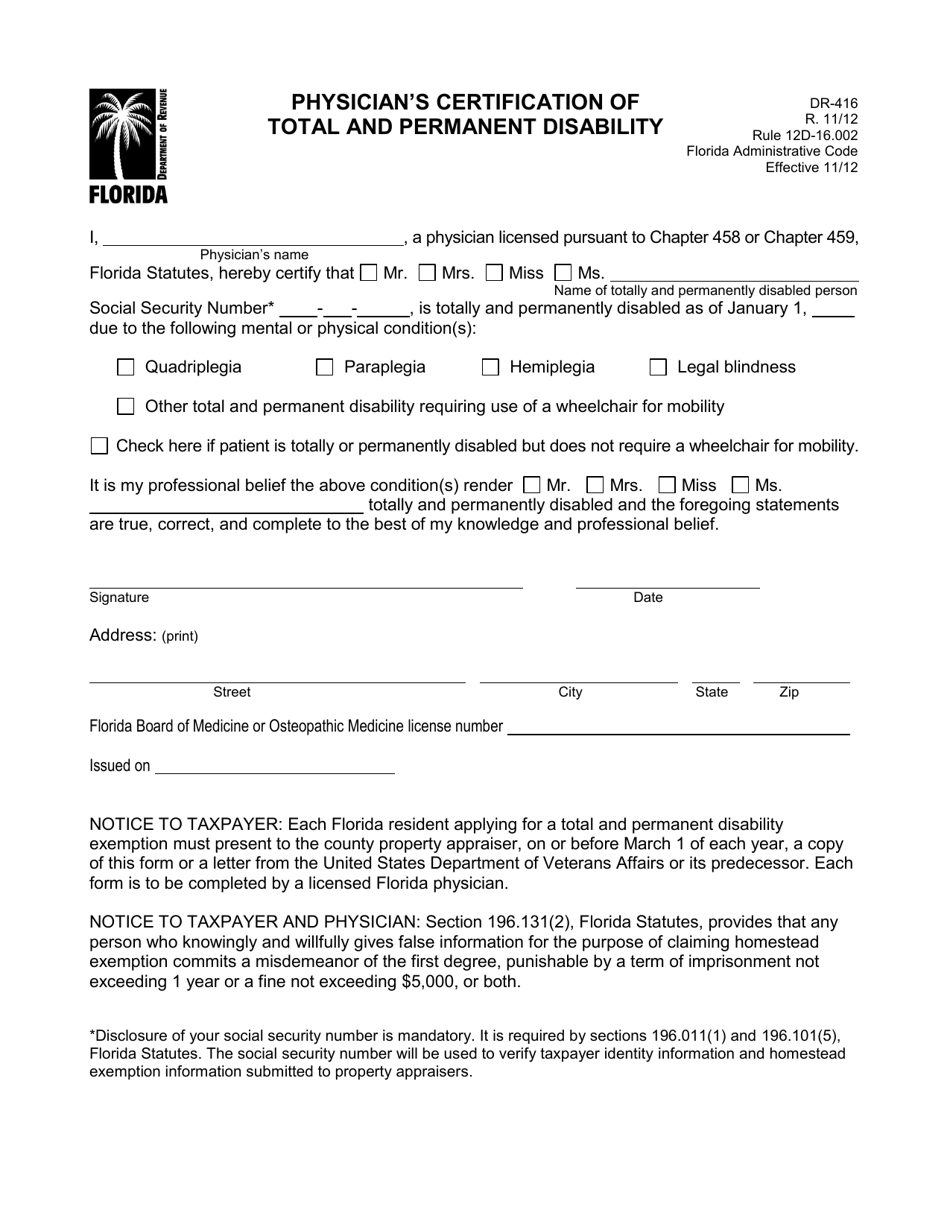Form DR-416 Physicians Certification of Total and Permanent Disability - Florida, Page 1