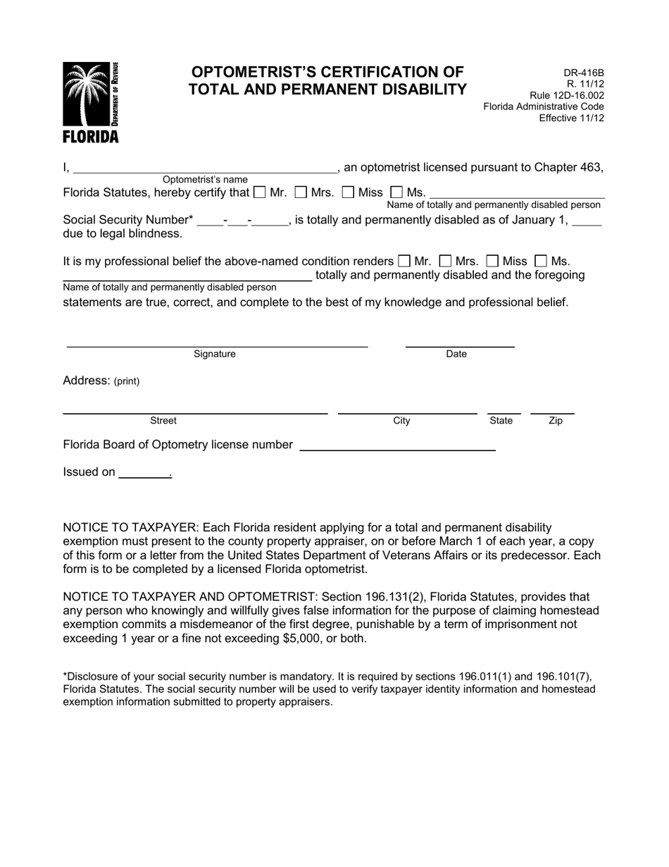 Form DR-416B Optometrists Certification of Total and Permanent Disability - Florida, Page 1