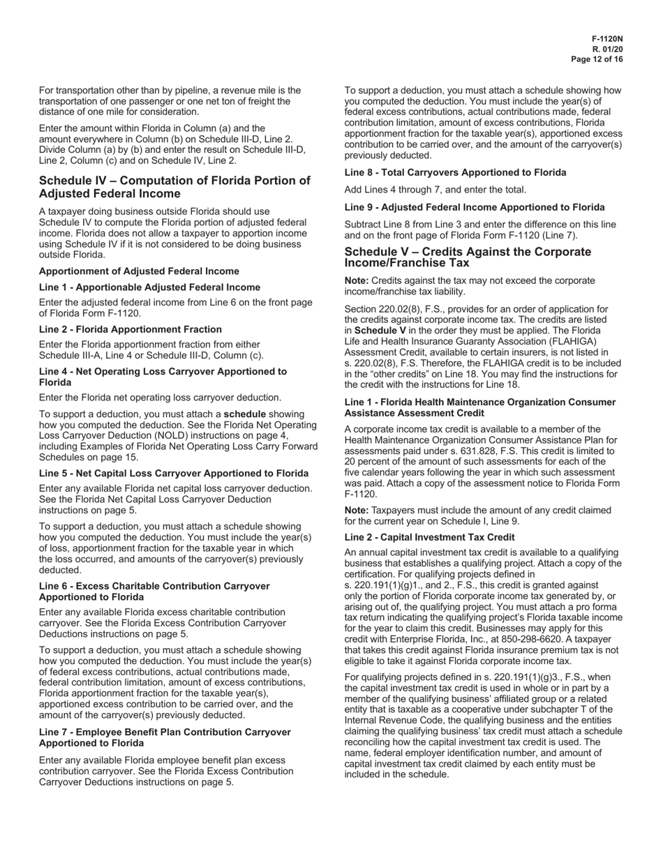 Instructions for Form F-1120 Florida Corporate Income / Franchise Tax Return - Florida, Page 12