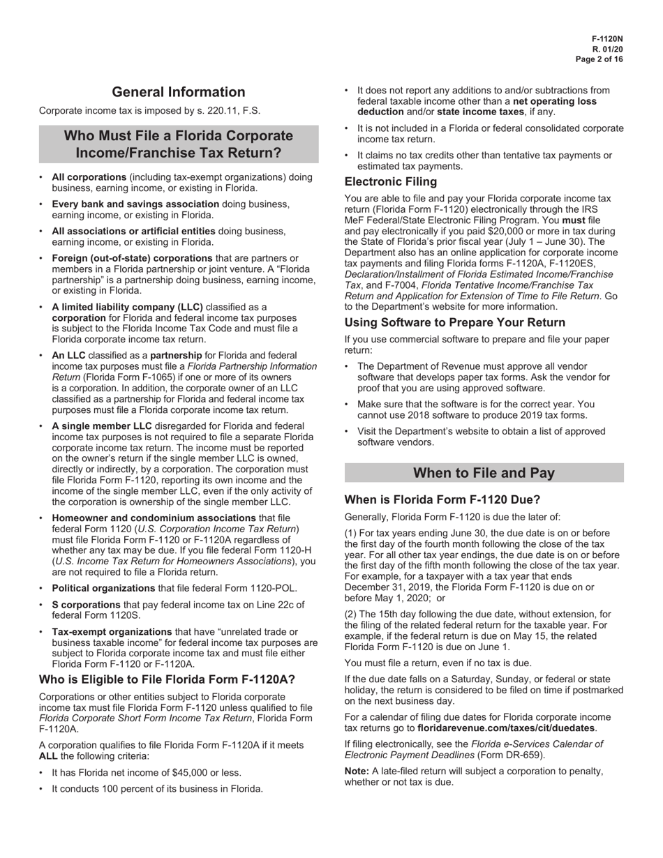 Instructions for Form F-1120 Florida Corporate Income / Franchise Tax Return - Florida, Page 2