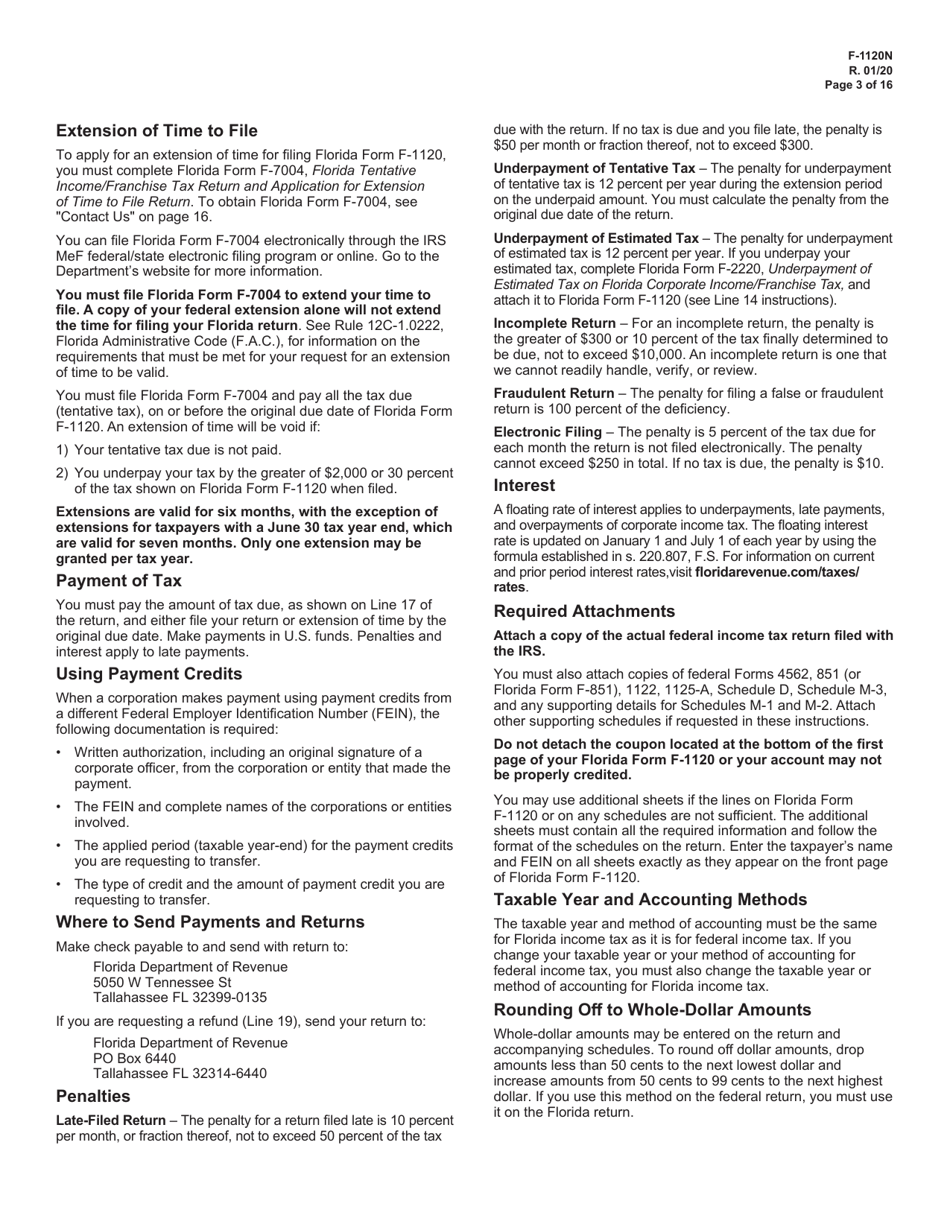 Instructions for Form F-1120 Florida Corporate Income / Franchise Tax Return - Florida, Page 3