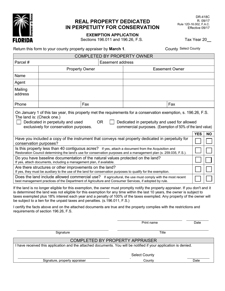 Form DR-418C Real Property Dedicated in Perpetuity for Conservation, Exemption Application - Florida, Page 1
