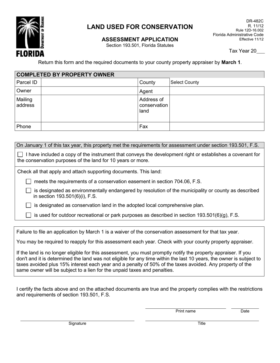 Form DR-482C Land Used for Conservation, Assessment Application - Florida, Page 1