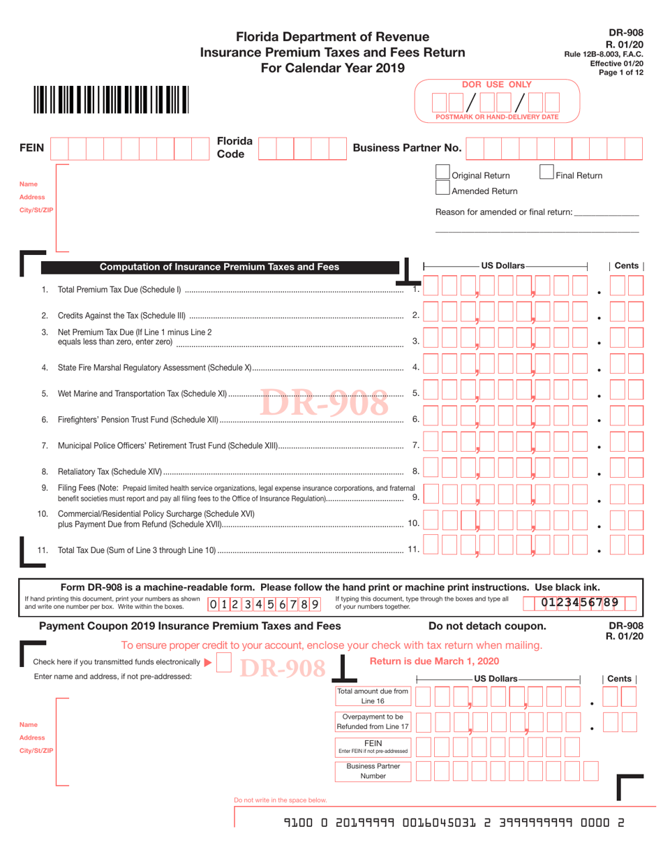 Form DR-908 Insurance Premium Taxes and Fees Return - Florida, Page 1