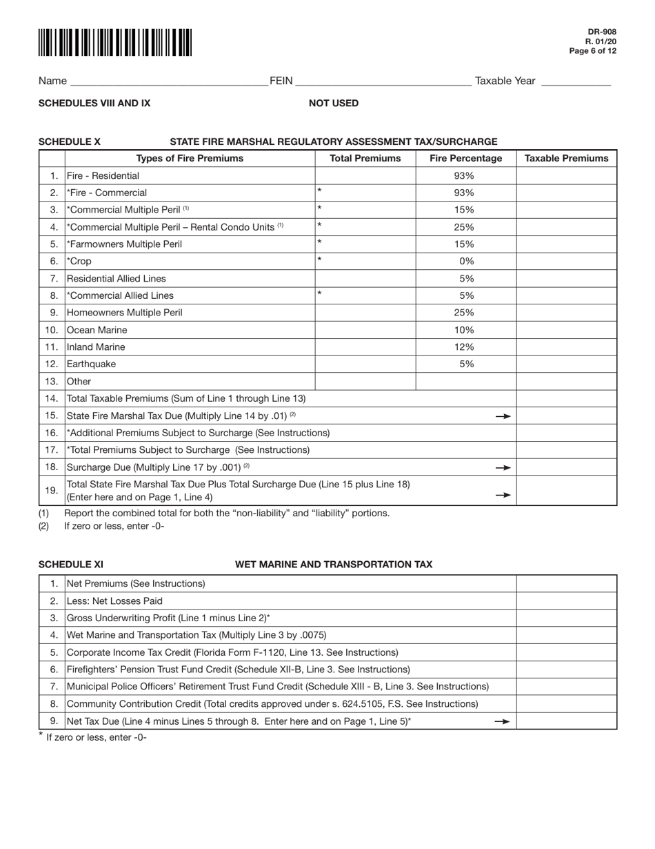 Form DR-908 Insurance Premium Taxes and Fees Return - Florida, Page 6