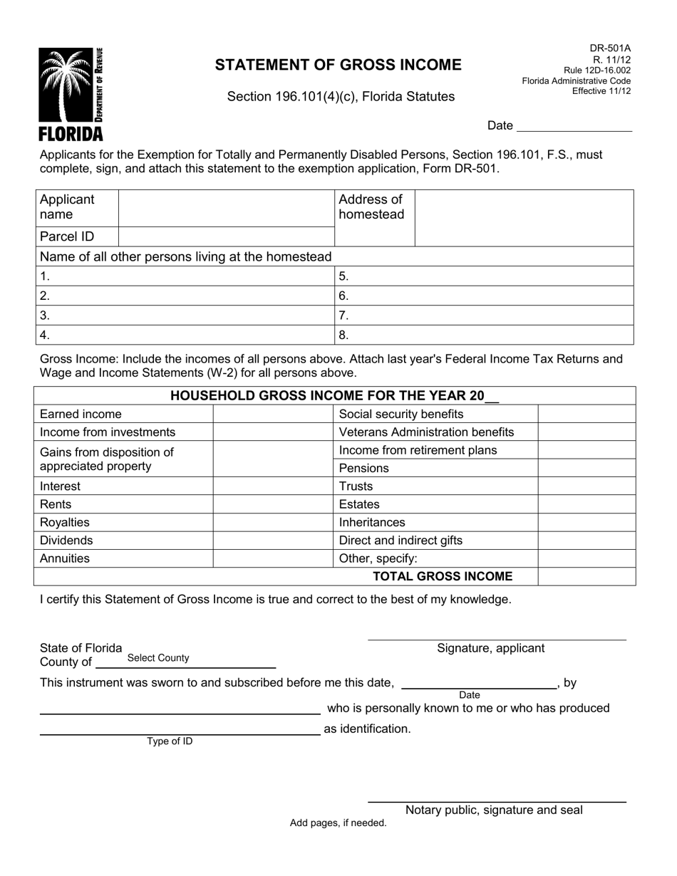Form DR-501A Statement of Gross Income - Florida, Page 1