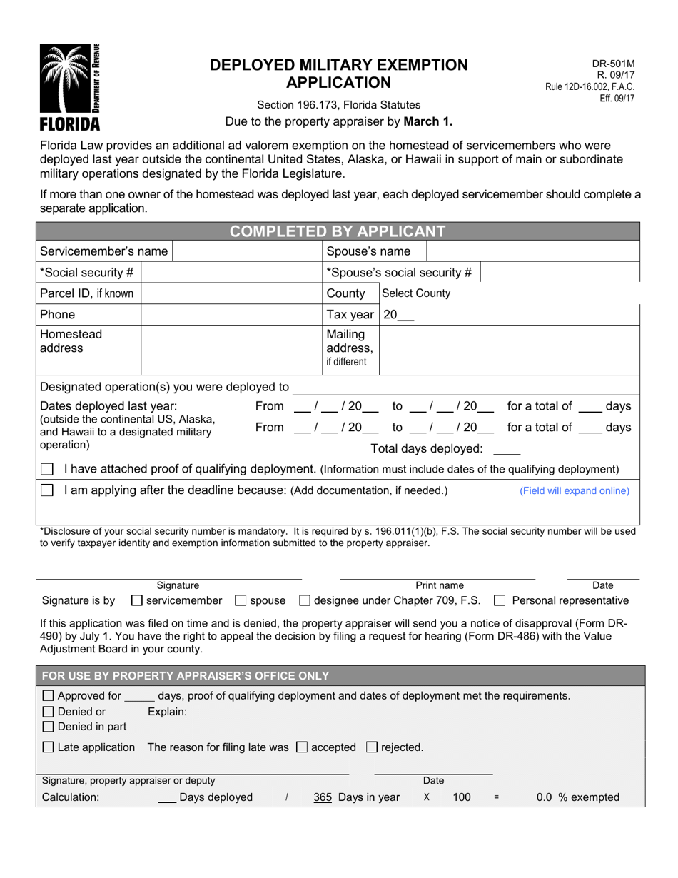 Form DR-501M Deployed Military Exemption Application - Florida, Page 1