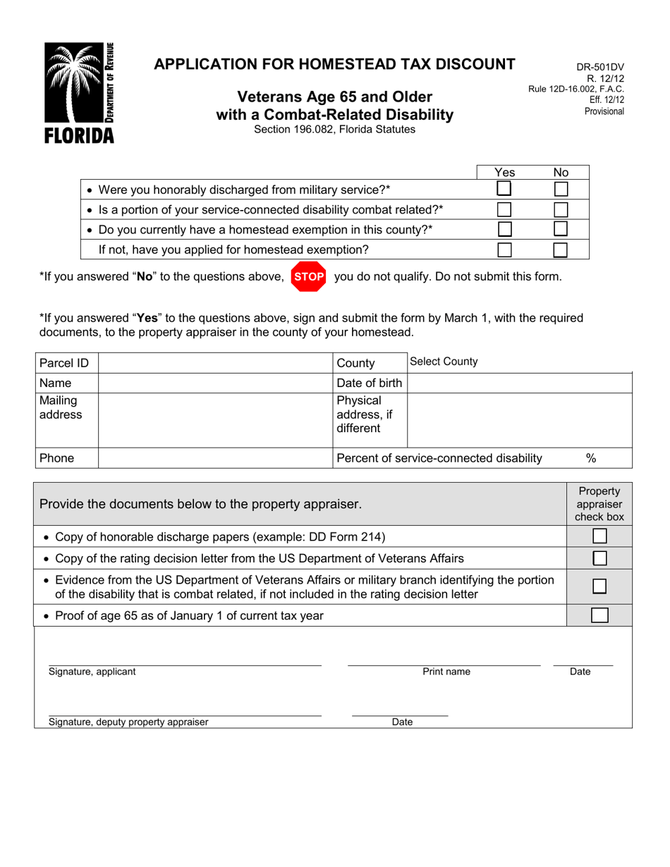 Form DR-501DV Application for Homestead Tax Discount - Veterans Age 65 and Older With a Combat-Related Disability - Florida, Page 1